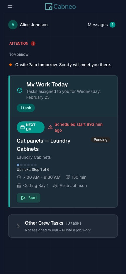 Workshop kiosk My Work Today view showing next up tasks and step execution actions for a crew member