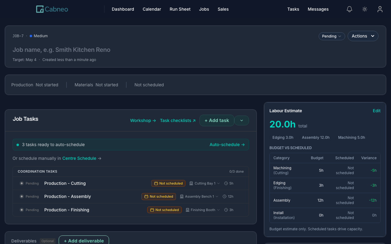 Job Management showing Labour Estimate totals and task management after creating a job