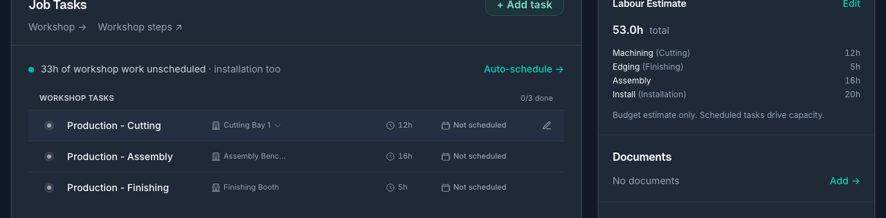 Cabneo Job Management showing a 20 hour labour estimate broken into machining, edging, and assembly beside the draft tasks it created, ready to schedule