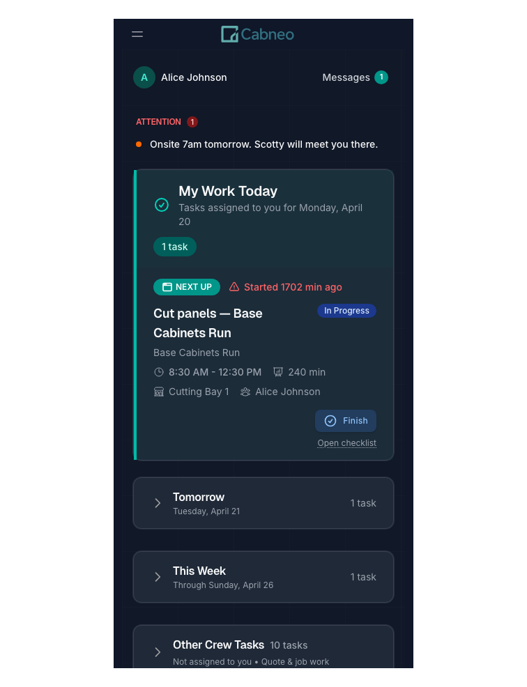 Workshop kiosk My Work Today view showing next up tasks and step execution actions for a crew member