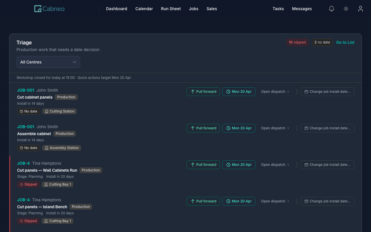 Workshop Triage view showing unscheduled and slipped work with quick scheduling actions in the current Workshop navigation