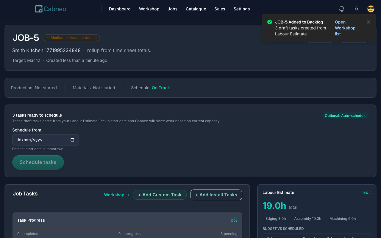 Job Management showing Labour Estimate totals and task management after creating a job