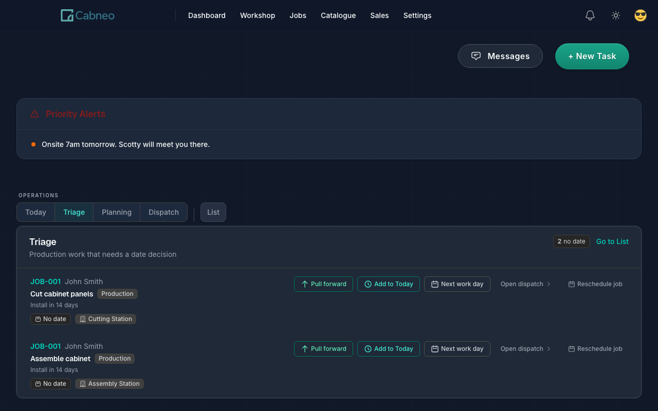 Workshop Triage view showing unscheduled and slipped work with quick scheduling actions in the current Workshop navigation